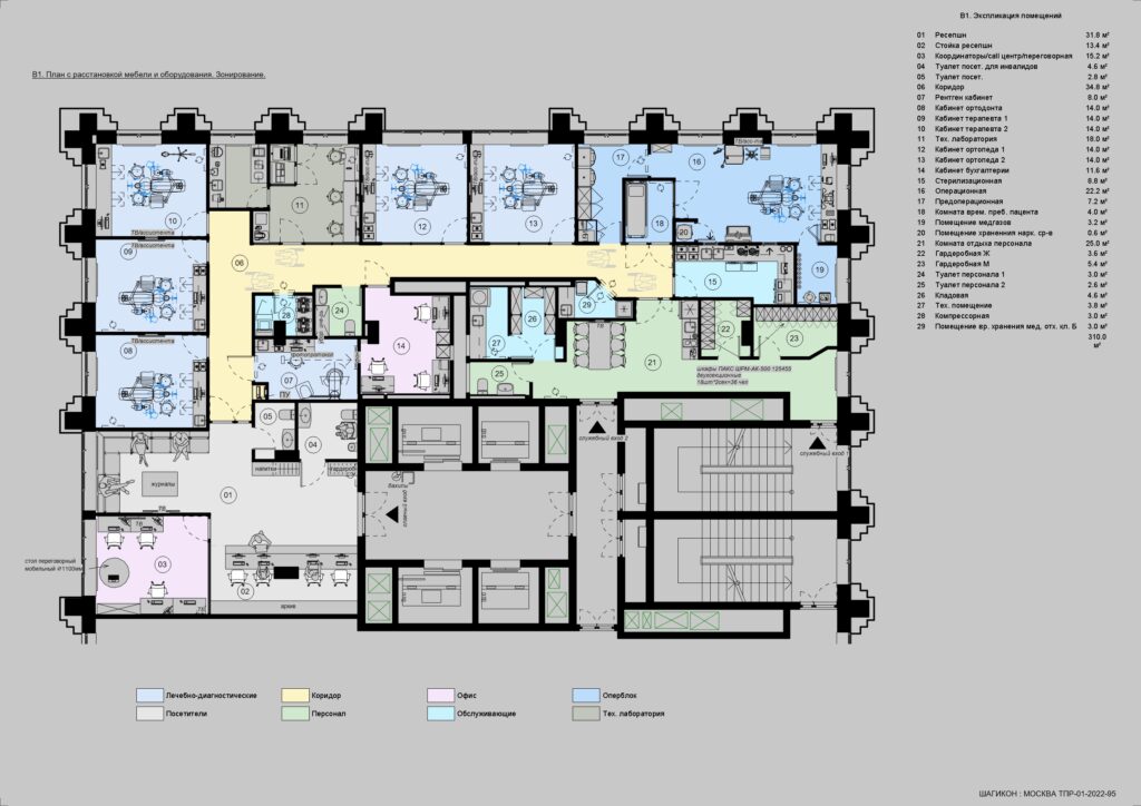 Планировка стоматологической клиники 320,8 кв. м: 5 кабинетов, операционный блок, рентген кабинет и лаборатория.